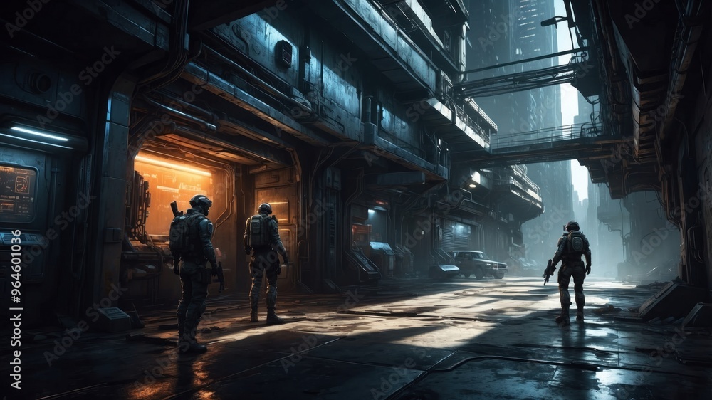 Illustration of soldiers in dark street Illustration of soldiers in dark street
