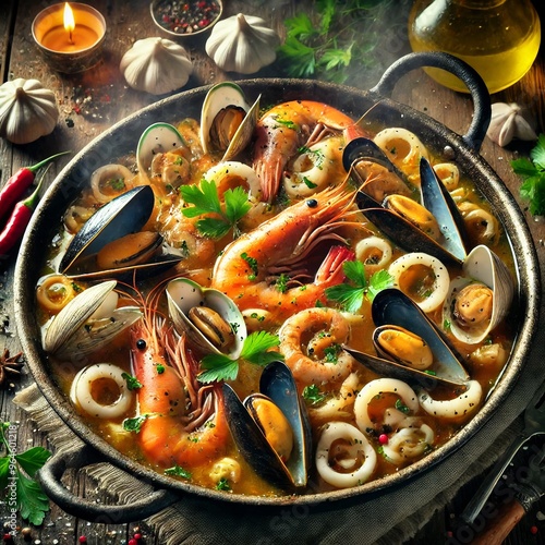 “Authentic Mediterranean Seafood Soup in Pan - Italian Cuisine” 