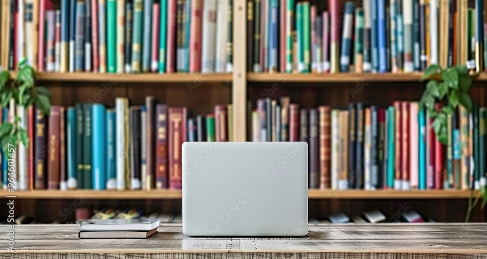 Open laptop on a wooden desk in front of a bookshelf full of books. The laptop screen is blank. Concept of learning, research, and education. Open laptop on a wooden desk in front of a bookshelf full of books. The laptop screen is blank. Concept of learning, research, and education.