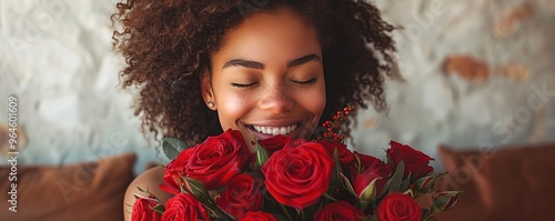 A woman with an ecstatic expression, receiving a bouquet of red roses and holding them close with tears of joy against a white backdrop. 4K hyperrealistic photo.