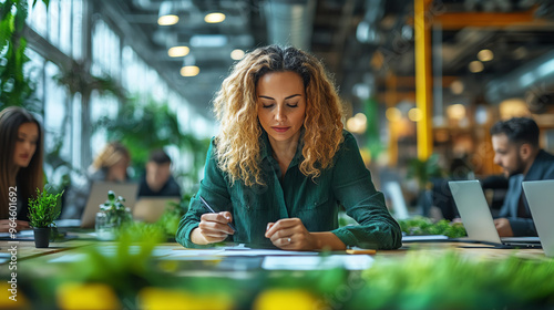 Business leaders strategizing on emissions reduction in a sustainable office setting