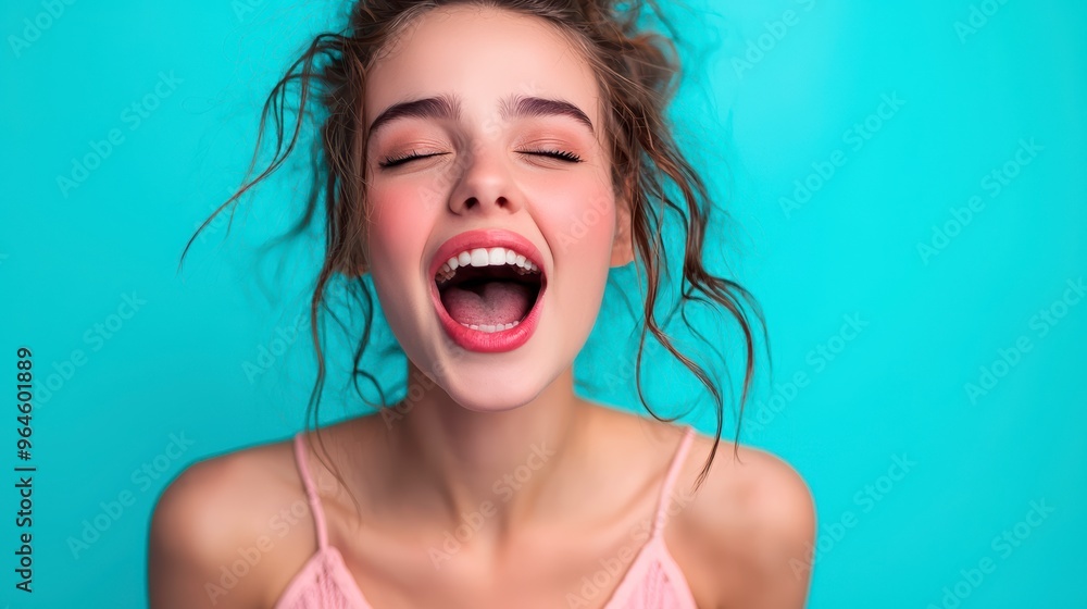 A red-haired curly-haired woman in a pink top with a surprised face on a blue background A red-haired curly-haired woman in a pink top with a surprised face on a blue background