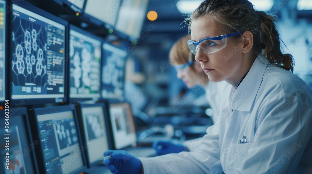 Medical research scientist working with Gene Analysis Software in Modern Science Research Laboratory, Biotech engineer working with DNA sequencing software Medical research scientist working with Gene Analysis Software in Modern Science Research Laboratory, Biotech engineer working with DNA sequencing software
