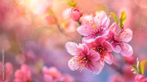 A Serenity of Spring: Embracing the Delicate Elegance of Pink Blossoms in a Dreamy Garden Atmosphere Full of Soft Light and Color