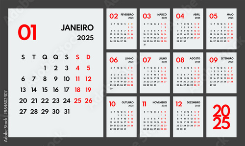 2025 year monthly office planner, calendar starts monday, two red weekends, white background, portuguese months name