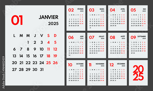 2025 year monthly office planner, calendar starts monday, two red weekends, white background, french months name