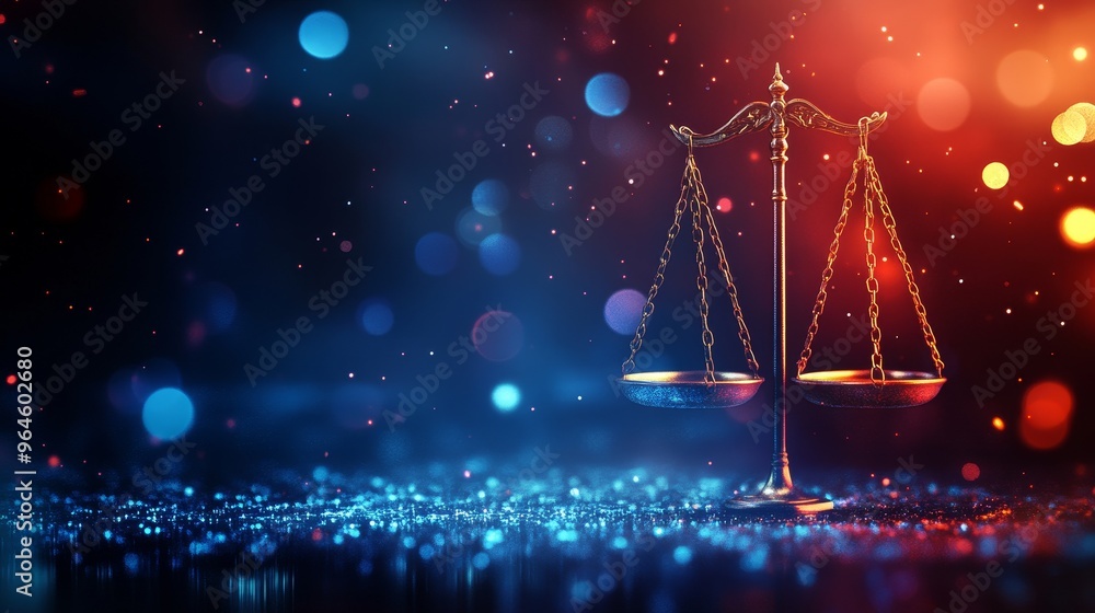 A symbolic representation of justice featuring a balanced scale against a vibrant, bokeh-lit background. A symbolic representation of justice featuring a balanced scale against a vibrant, bokeh-lit background.