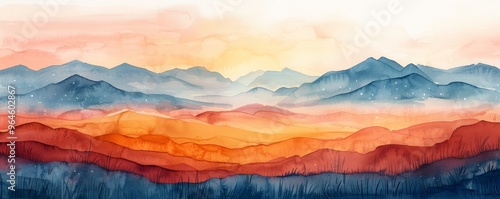 Watercolor abstract sunset over plains with stars on white.