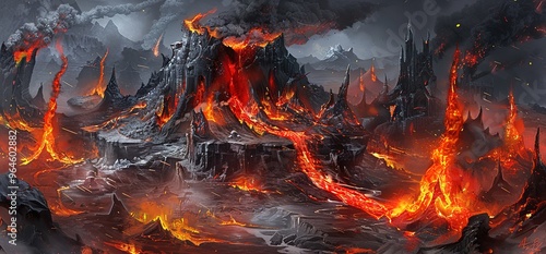 Fiery landscape with flowing lava, volcanic rock formations, and a dark, ominous sky. A dramatic and apocalyptic scene.