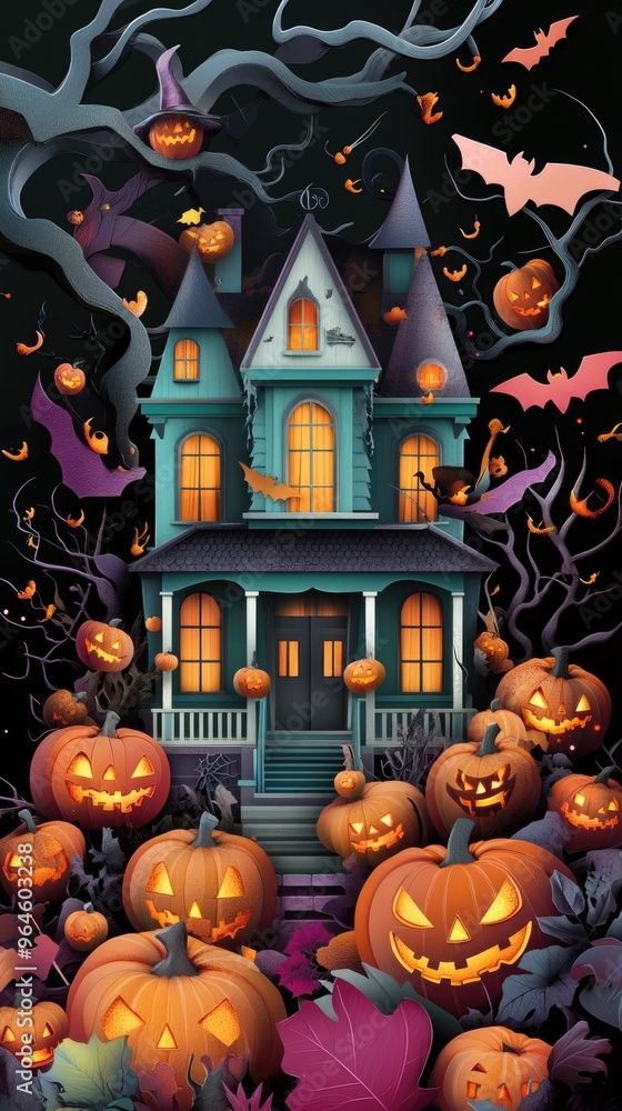 Fototapeta premium Paper cut style illustration of a whimsical haunted house surrounded by pumpkins at night