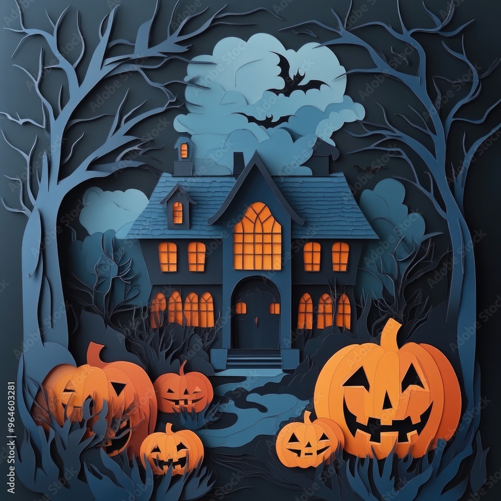 Fototapeta premium Paper cut style illustration of a whimsical haunted house surrounded by pumpkins at night