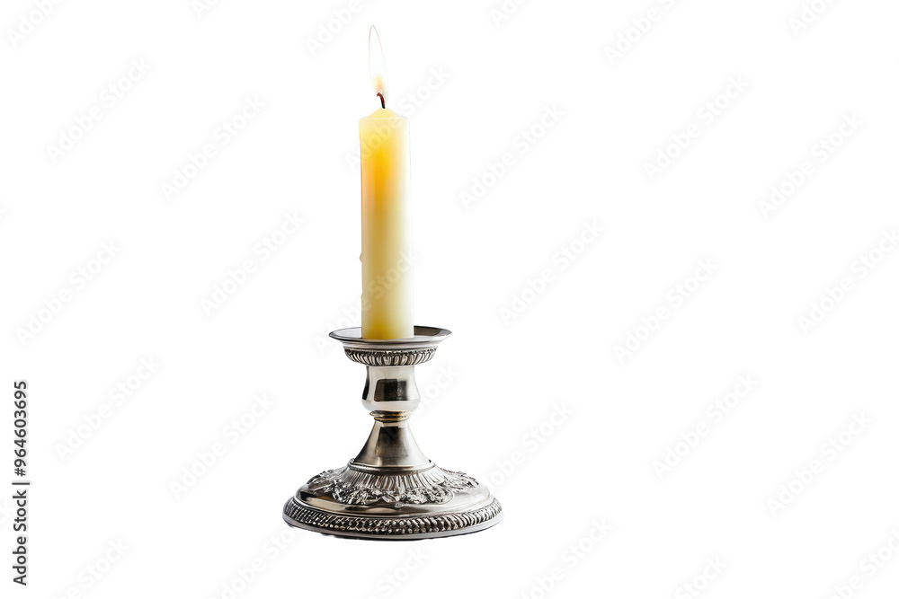 Single candlestick with wax pooling at the base, isolated on a pure white background, capturing the entire crafted charm of the candlestick, high-quality stock photography Single candlestick with wax pooling at the base, isolated on a pure white background, capturing the entire crafted charm of the candlestick, high-quality stock photography