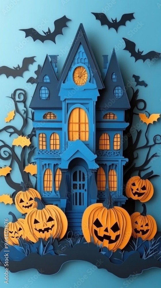 Fototapeta premium Paper cut style illustration of a whimsical haunted house surrounded by pumpkins at night