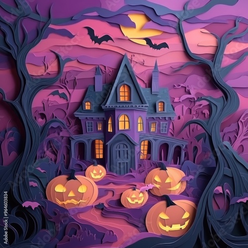 Paper cut style illustration of a whimsical haunted house surrounded by pumpkins at night