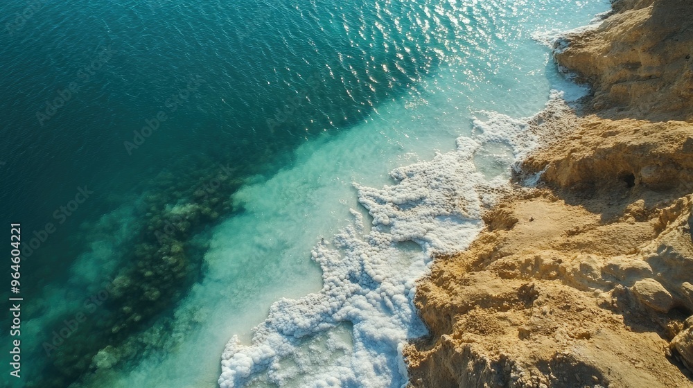 Obraz premium The natural beauty of the Dead Sea, with its crystal-clear water and white salt formations creating a surreal landscape.