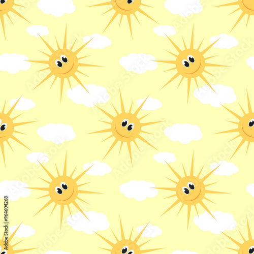 Vector illustration. Funny smiling cartoon sun seamless pattern on bright background.