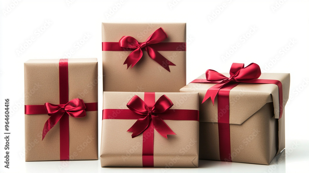Brown color gift boxes wrapping on red ribbon Brown color gift boxes wrapping on red ribbon