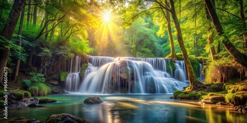 Idyllic forest waterfall with sunlight streaming through trees creating picturesque natural landscape of calm and beauty