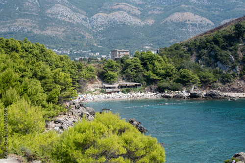 View of the beautiful beach Strbina surrounded by pine trees located at the Adriatic coast of Montenegro.