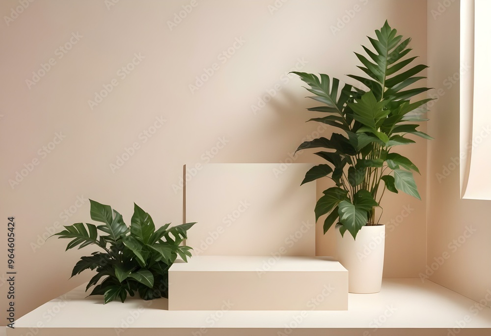 White podium with green leaves, minimalist background White podium with green leaves, minimalist background
