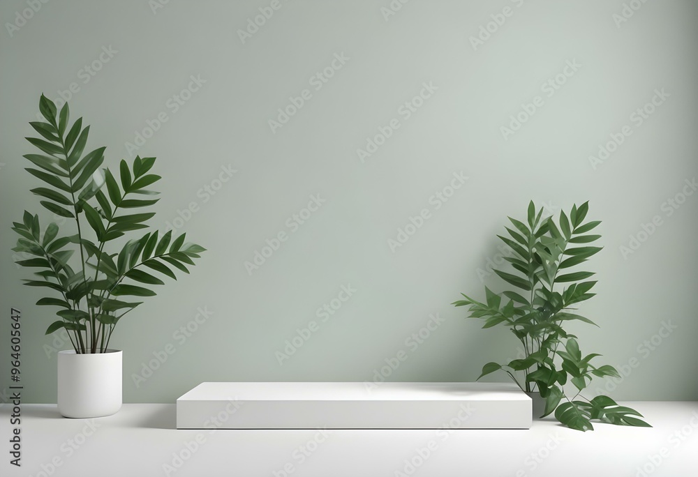 White podium with green leaves, minimalist background White podium with green leaves, minimalist background