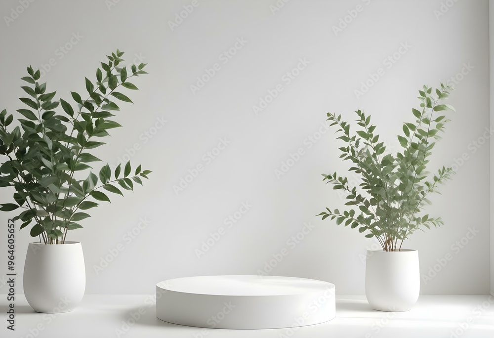 White podium with green leaves, minimalist background White podium with green leaves, minimalist background