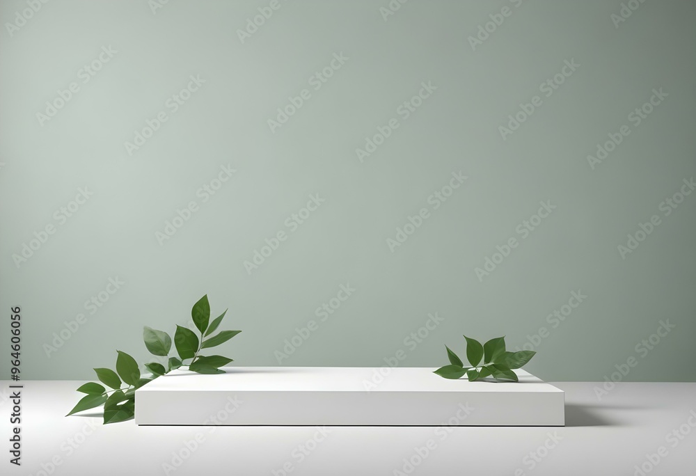 White podium with green leaves, minimalist background White podium with green leaves, minimalist background