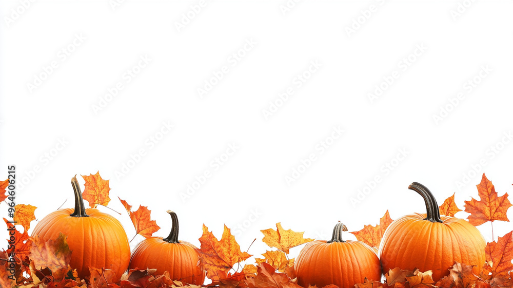 Halloween pumpkin and autumn leaves border in bottom isolated on copy ...