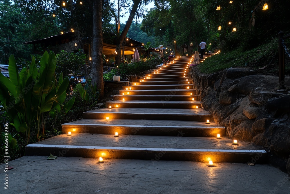 Temple steps, lined with candles, leading to a place of worship create a serene and reverent atmosphere as visitors ascend in silence Temple steps, lined with candles, leading to a place of worship create a serene and reverent atmosphere as visitors ascend in silence