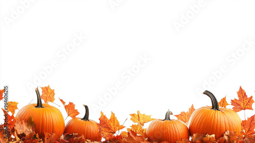Halloween pumpkin and autumn leaves border in bottom isolated on copy space white background 
