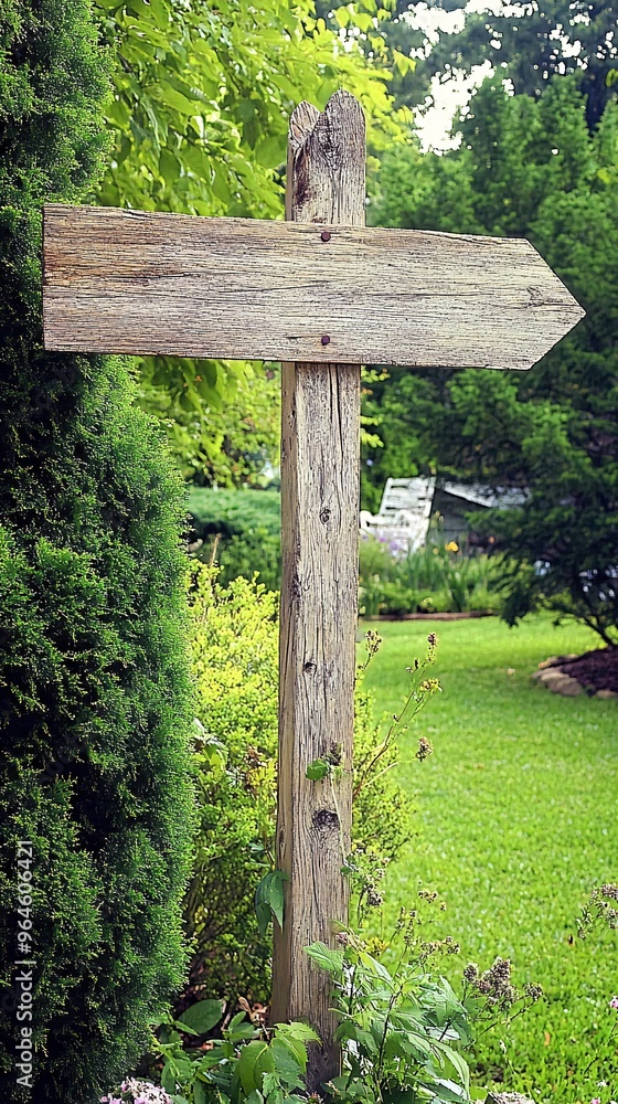 A weathered wooden signpost pointing to the right, standing tall against a lush green backdrop. A weathered wooden signpost pointing to the right, standing tall against a lush green backdrop.