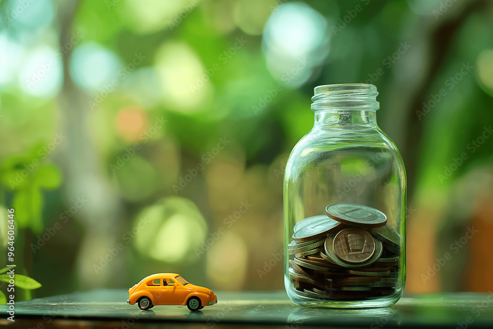 Obraz na plátně car model and bottle with money coins for concept insurance and finance