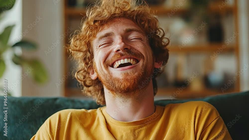 picture shows a curly-haired, ginger-haired Caucasian man in a mustard-colored t-shirt laughing aloud at a funny story inside picture shows a curly-haired, ginger-haired Caucasian man in a mustard-colored t-shirt laughing aloud at a funny story inside