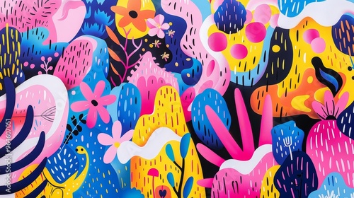 A vibrant and whimsical world filled with playful shapes, bright colors, and imaginative flora for children, sparking creativity and joy.