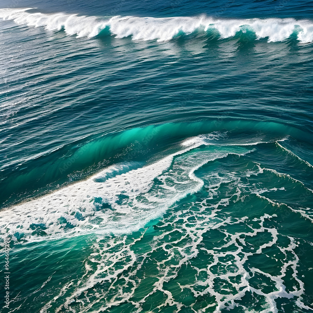 Fototapeta premium Aerial view beautiful of sea waves from drone. Stock image of blue color of ocean water, sea surface. Top view on turquoise waves, clear water surface texture.