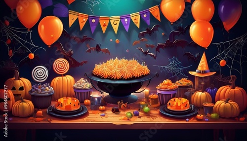 Wallpaper Mural Halloween Party Decorations: A bright, festive indoor scene with a table full of Halloween-themed food like spider cupcakes, candy corn, pumpkin pie, and a punch bowl shaped like a witch's cauldron.  Torontodigital.ca