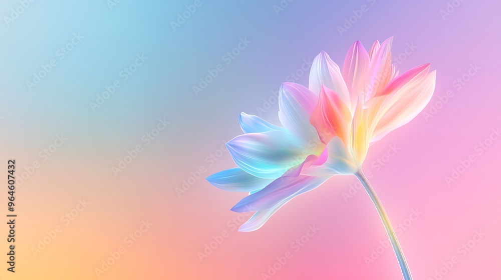 A single vibrant flower with neon petals glowing under a radiant light source, placed against a colorful gradient background with a deep sense of depth. A single vibrant flower with neon petals glowing under a radiant light source, placed against a colorful gradient background with a deep sense of depth.