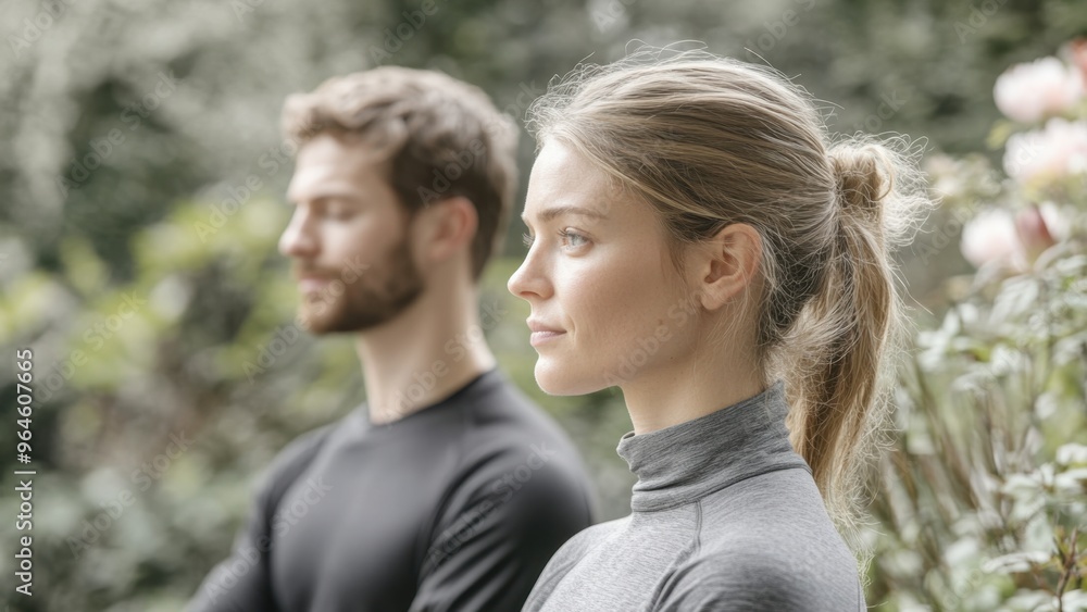 Young couple meditating outdoors in peaceful nature setting Young couple meditating outdoors in peaceful nature setting
