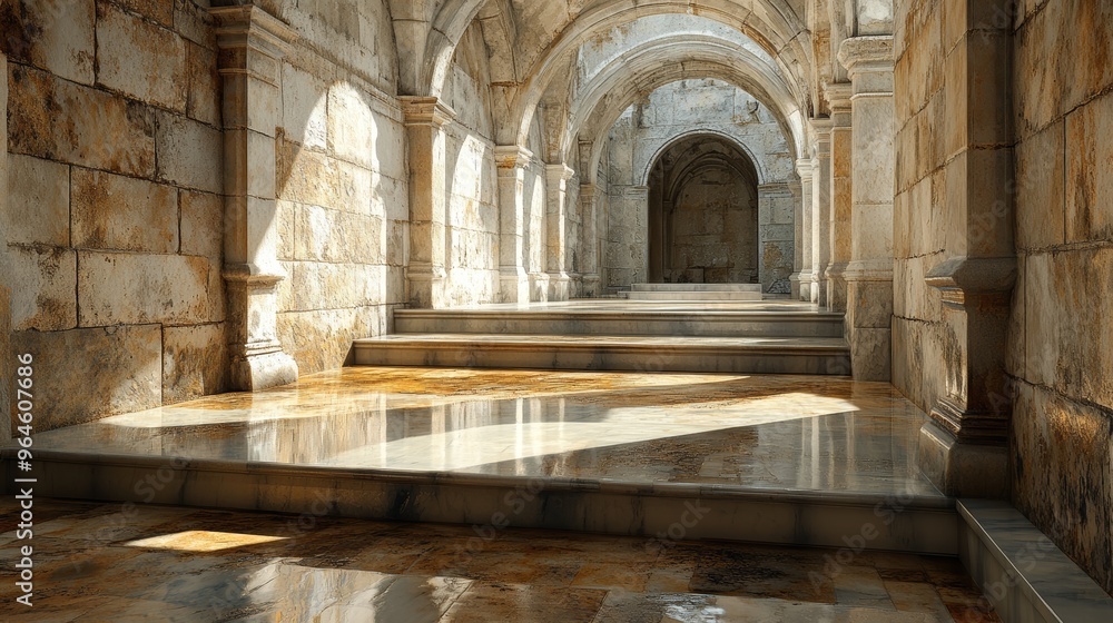 Obraz premium Elegant Stone Archway with Sunlit Marble Steps - Perfect Backdrop for Product Presentation or Architectural Showcase