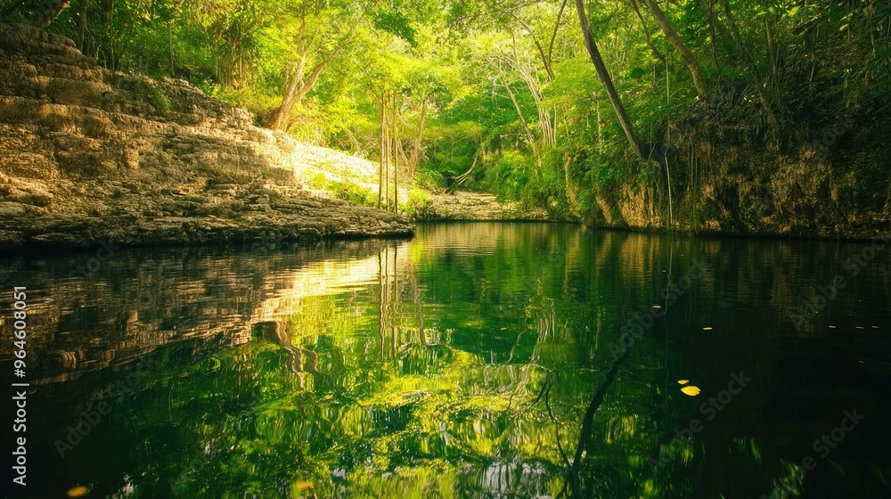 The quiet, serene atmosphere of Chichen Itza's Sacred Cenote, with calm waters reflecting the surrounding vegetation. The quiet, serene atmosphere of Chichen Itza's Sacred Cenote, with calm waters reflecting the surrounding vegetation.