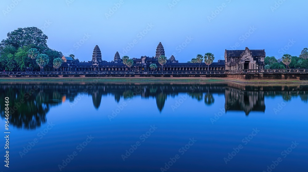 The reflection of Angkor Wat in the still waters of the moat, with the temple illuminated by the soft light of dawn. The reflection of Angkor Wat in the still waters of the moat, with the temple illuminated by the soft light of dawn.