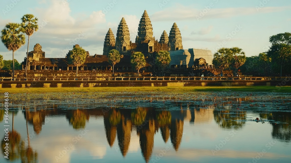 Obraz premium The reflection of Angkor Wat towers in the moat, with the temple bathed in the warm light of late afternoon.