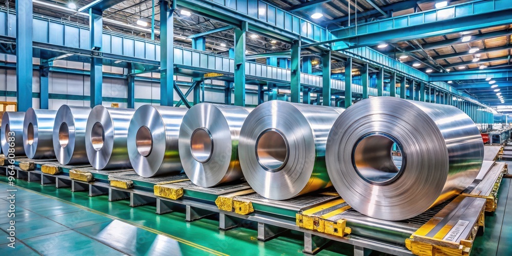 Fototapeta premium Steel or galvanized rolls on a conveyor belt in a manufacturing plant