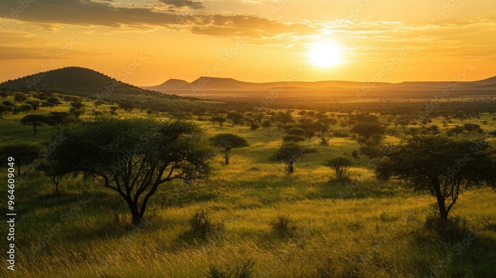 The rolling hills of Kruger National Park, with acacia trees scattered across the landscape and the sun setting in the distance. The rolling hills of Kruger National Park, with acacia trees scattered across the landscape and the sun setting in the distance.
