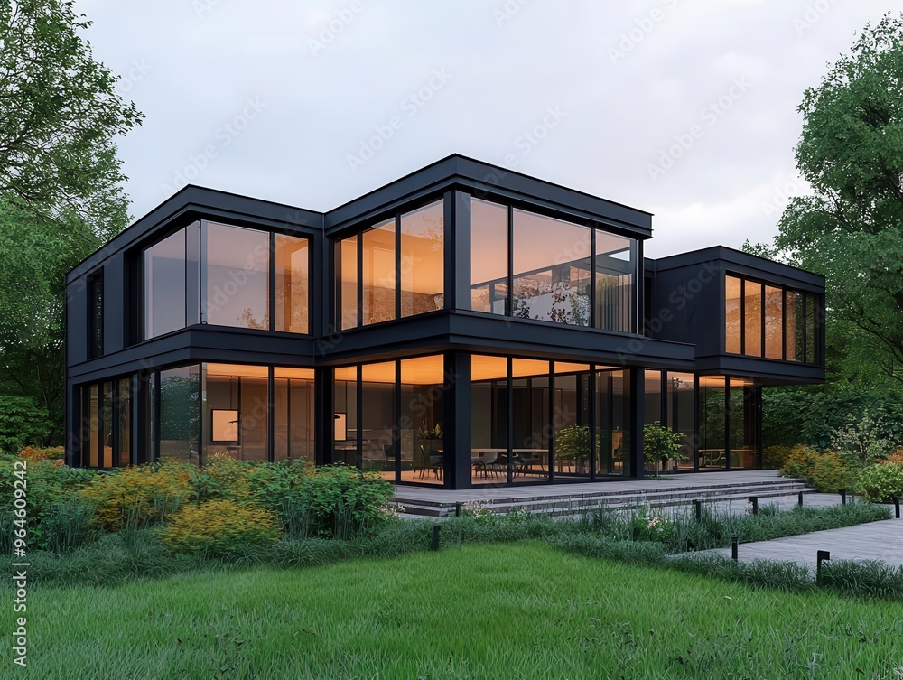 Modern eco-friendly office building with glass walls, surrounded by trees and greenery, Sustainable design, Photorealistic, 3D Render Modern eco-friendly office building with glass walls, surrounded by trees and greenery, Sustainable design, Photorealistic, 3D Render
