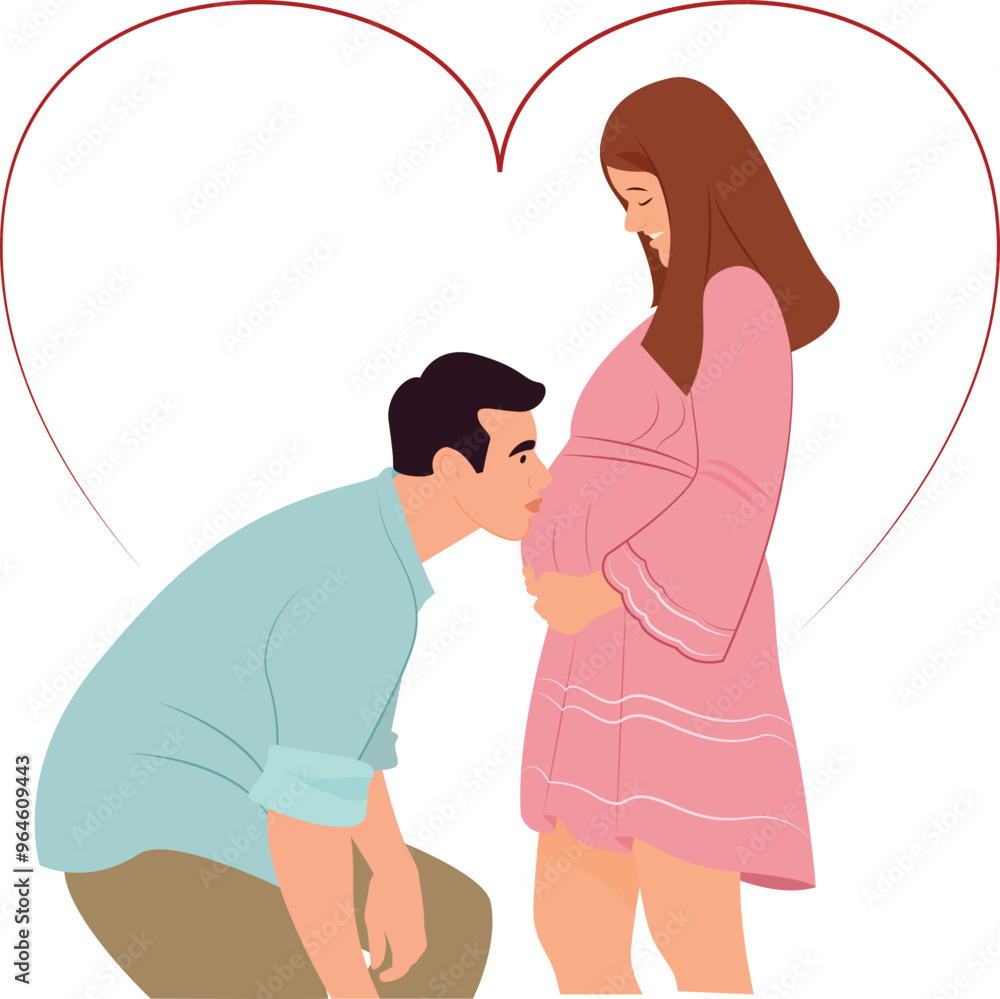 Obraz premium Husband kissing his pregnant wife belly, Smiling future father hug wife. Pregnancy and parenting