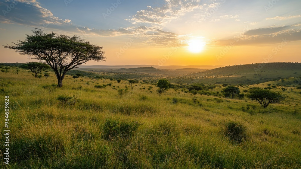 The rolling hills of Kruger National Park, with acacia trees scattered across the landscape and the sun setting in the distance. The rolling hills of Kruger National Park, with acacia trees scattered across the landscape and the sun setting in the distance.