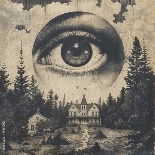 Surreal Collage Art with Eye Overlooking Vintage House in Forest - Unique Artistic Composition photo