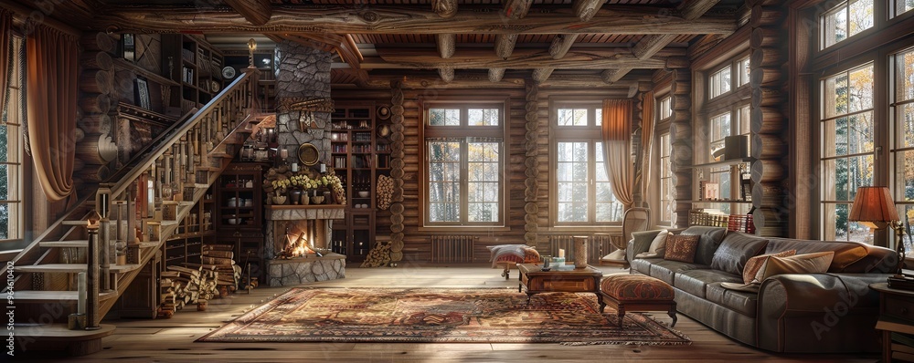 Log house with a rustic, cozy interior. Log house with a rustic, cozy interior.