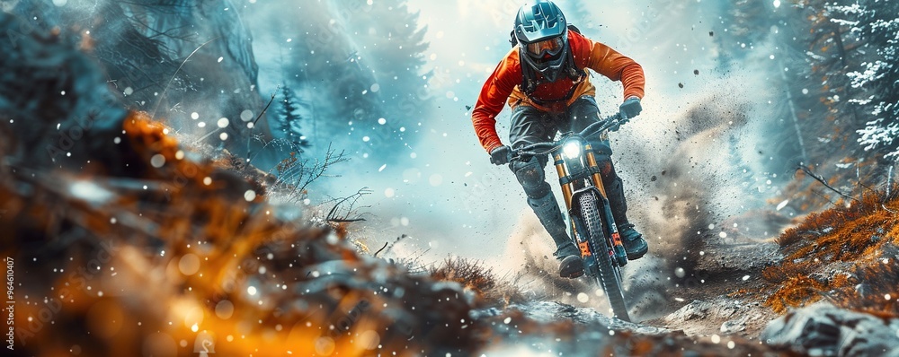 Fototapeta premium A person with a determined expression, riding a mountain bike on a rugged trail with dust kicking up and scenic views of rocky cliffs against a plain white background. 4K hyperrealistic photo.